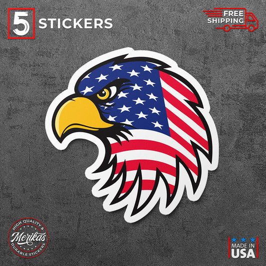 Sticker, Vinyl Decal, Eagle Hawk Head, American Patriot, US Flag, 5 Stickers