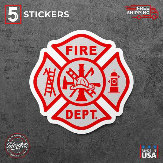 Sticker, Fire Dept Maltese Cross Firefighter Vinyl Decal, 5 Stickers