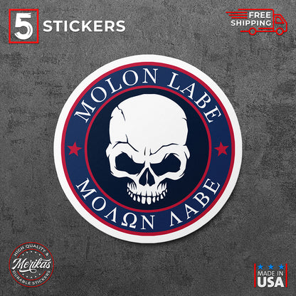 Sticker, Vinyl Decal, Molon Labe Punisher Skull Don't Tread USA, 5 Stickers