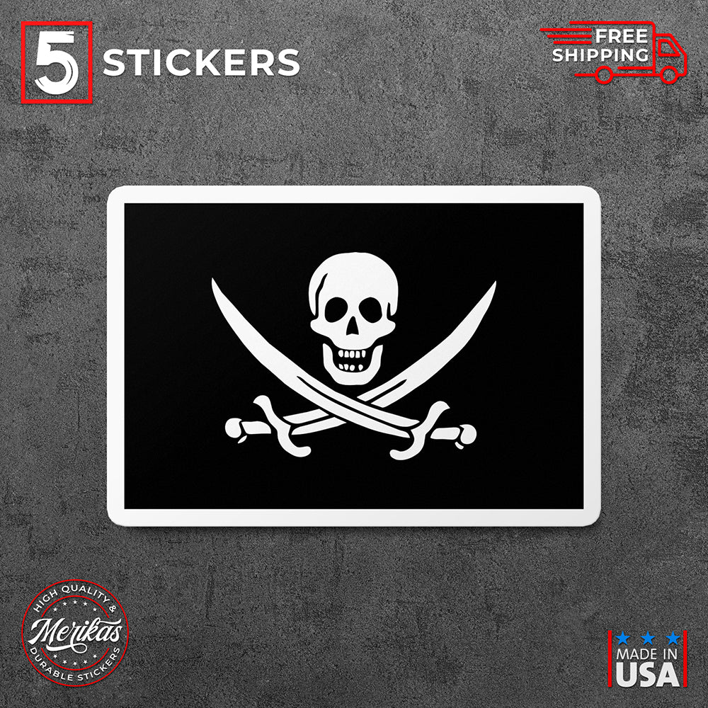 Sticker, Vinyl Decal, Pirates Skull Black Flag, 5 Stickers