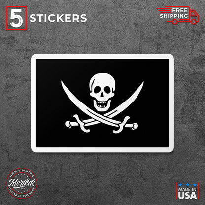 Sticker, Vinyl Decal, Pirates Skull Black Flag, 5 Stickers