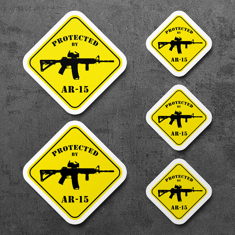 Sticker, Vinyl Decal, Protected By AR-15 Assault Rifle Gun USA, 5 Stickers