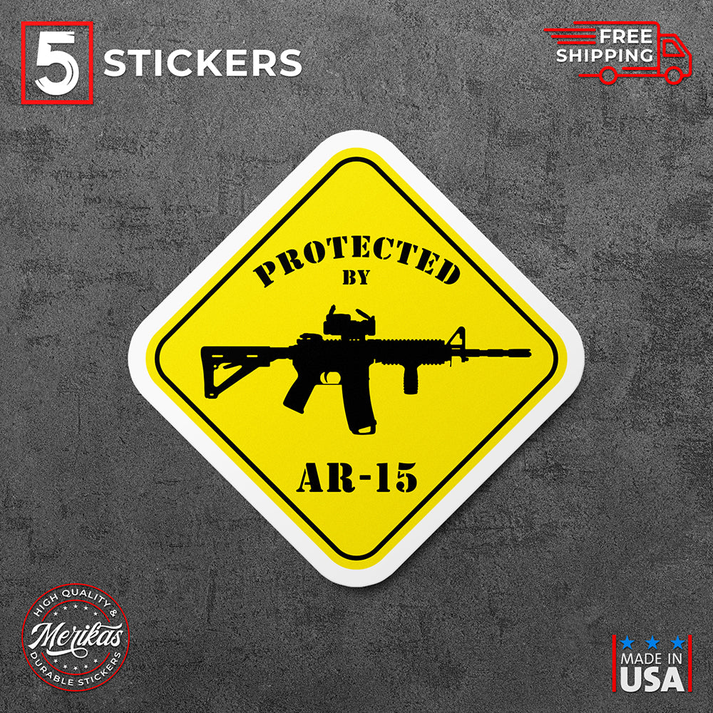 Sticker, Vinyl Decal, Protected By AR-15 Assault Rifle Gun USA, 5 Stickers