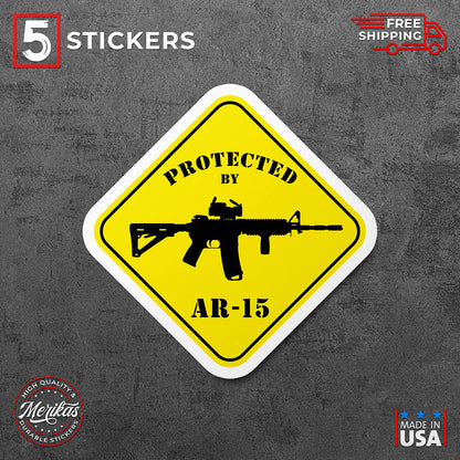 Sticker, Vinyl Decal, Protected By AR-15 Assault Rifle Gun USA, 5 Stickers