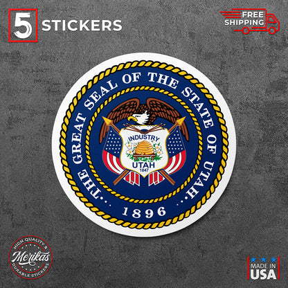 Sticker, Vinyl Decal, The Great Seal of The Sate of Utah, 5 Stickers